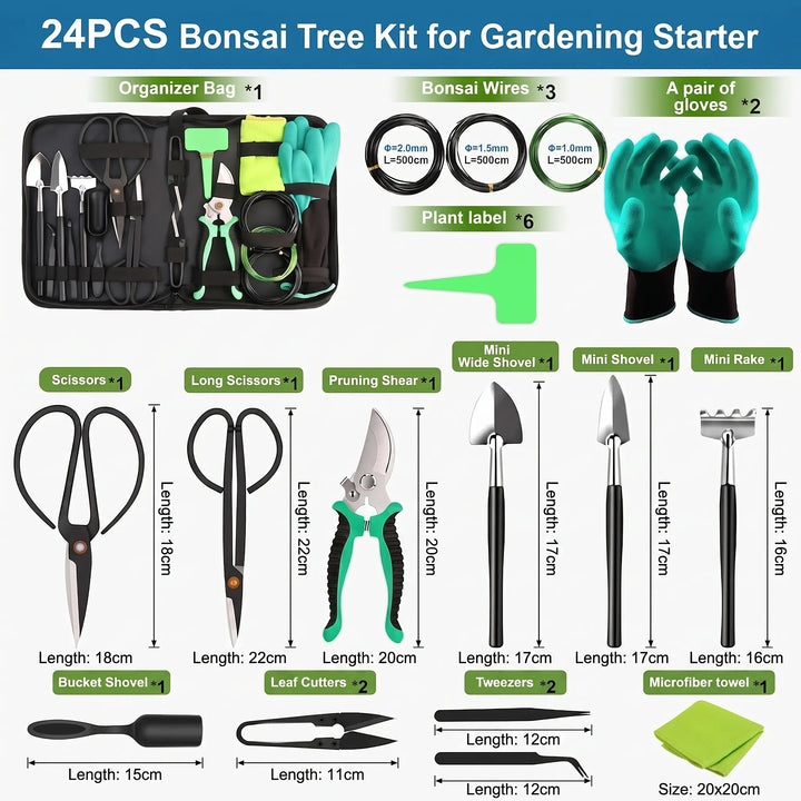 Hoogwaardige RVS bonsai gereedschapsset met 24 professionele tools voor nauwkeurig tuinieren.