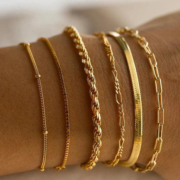 Dames armbandenset 'Nora' van roestvrij staal met goud- en zilverkleurige elegante schakelarmbanden.