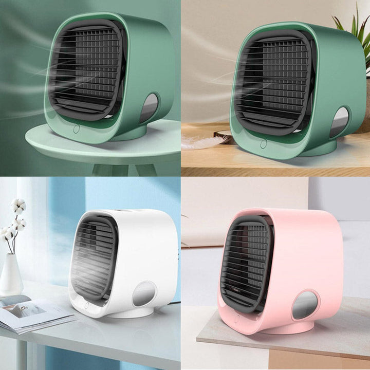 Roze mini luchtkoeler met bevochtiger, zorgt voor aangename klimaatbeheersing in elke ruimte.