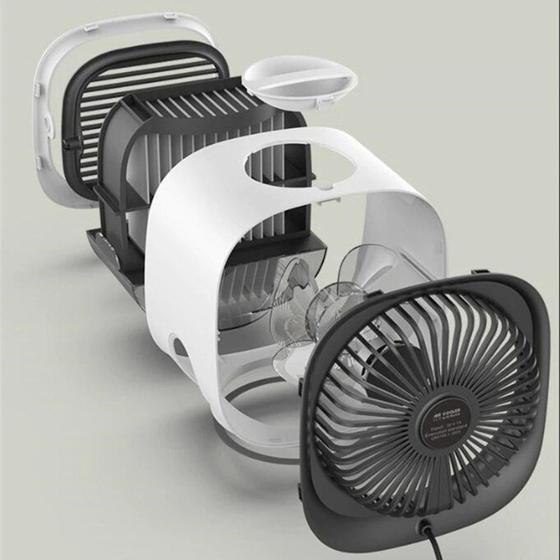 Stijlvolle witte mini airco met bevochtiger, een draagbare oplossing voor verkoeling deze zomer.