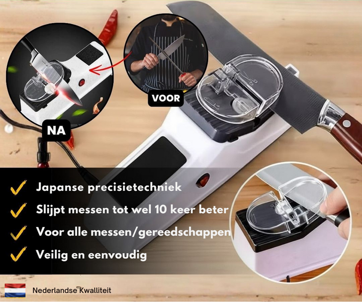 Japanse messenslijper voor vlijmscherpe keukenmessen. Slijpt snel en veilig met wolfraamcarbide.