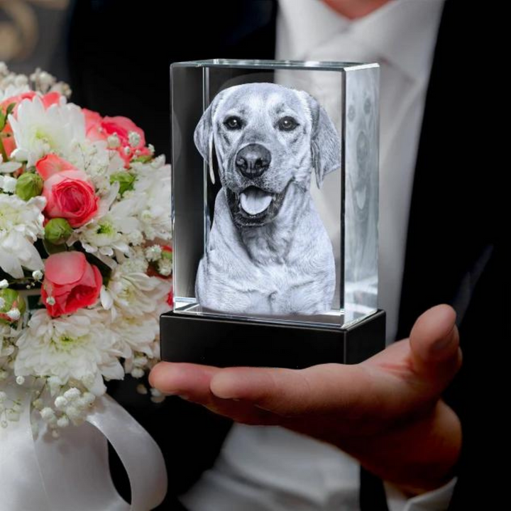 Gepersonaliseerd fotokristal met 2D/3D gravure, perfect als uniek aandenken of cadeau voor familie.