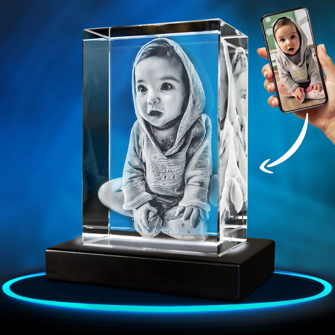 Fotokristal met lasergegraveerde familiefoto, een prachtige gepersonaliseerde decoratie en blijvende herinnering.