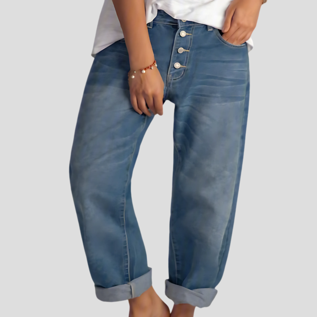 Stijlvolle, comfortabele blauwe damesjeans met hoge taille en wijde pijpen voor een modieuze casual look.