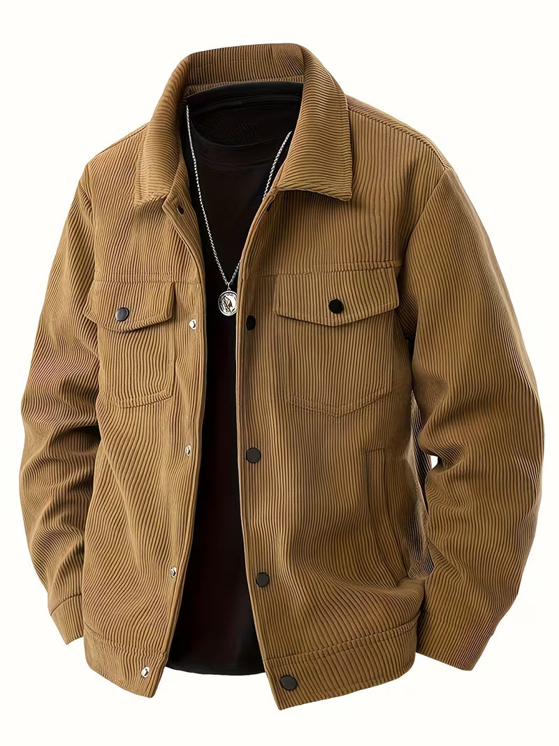 Warme koffiebruine herenjas, comfortabele bovenkleding met klassieke kraag en borstzakken.