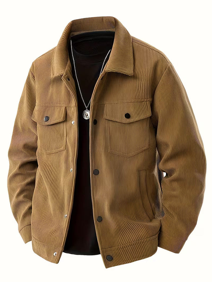 Warme koffiebruine herenjas, comfortabele bovenkleding met klassieke kraag en borstzakken.