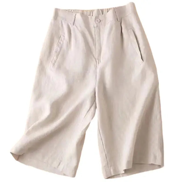 Casual dames zomershorts met hoge taille en wijde pijpen, ideaal voor vrijetijd en warme dagen.