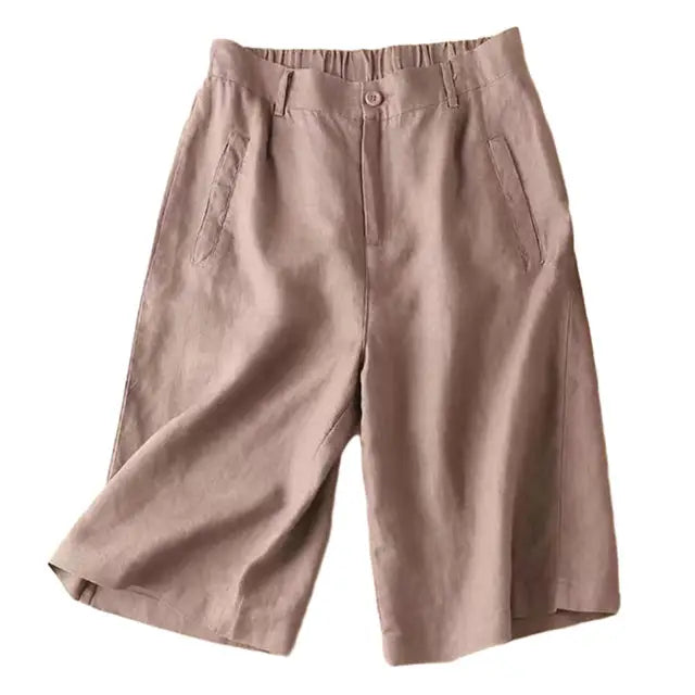 Comfortabele linnen-katoenen dames shorts, hoge taille, wijde pijpen, knielengte, perfect voor zomerkleding.