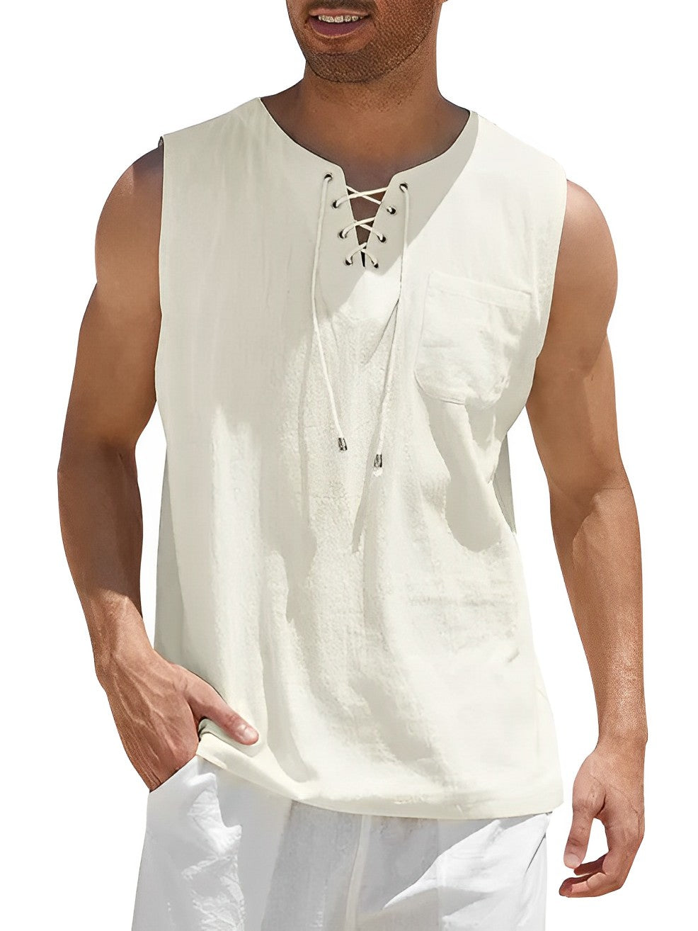 Casual heren tanktop met V-hals voor zomerse mode. Luchtig en comfortabel mouwloos shirt voor strandvakantie.