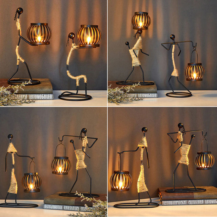Industriële gietijzeren kaarsenhouder met touw accent, sfeervolle interieur decoratie.