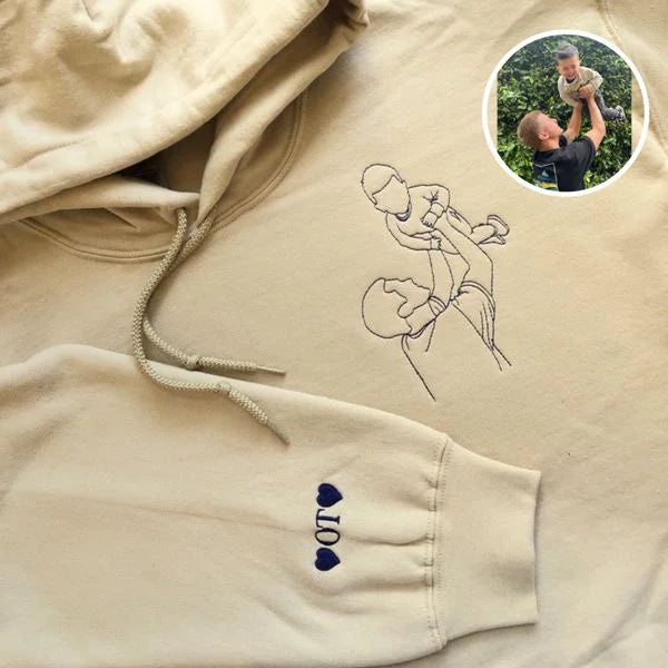 Comfortabele unisex hoodie met geborduurde foto; een unieke en persoonlijke kleding herinnering.