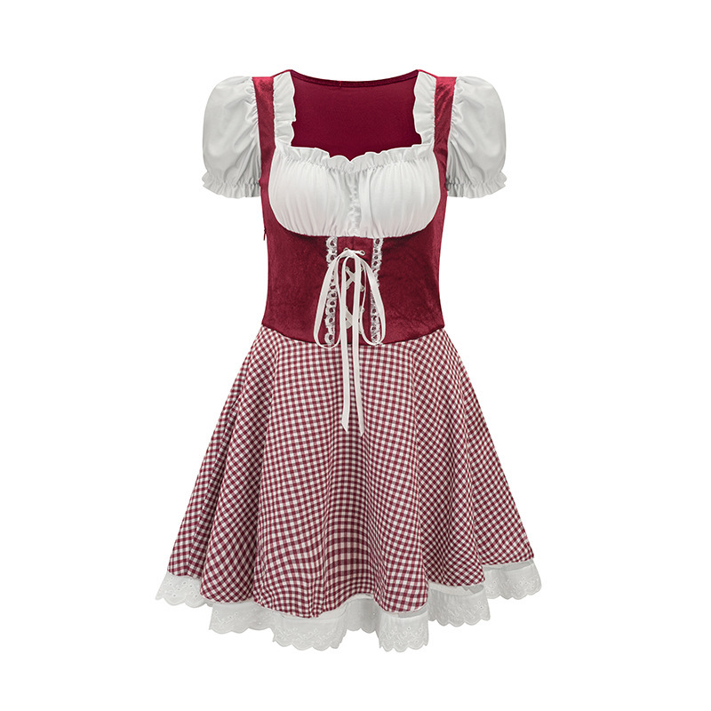 Dames Oktoberfest jurk met geruit design, pofmouwen en strikdetails, ideaal voor bierfeesten.
