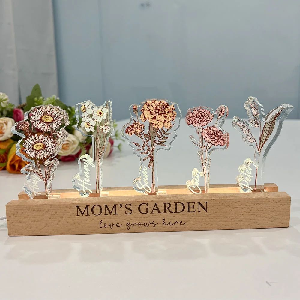 Gepersonaliseerd nachtlampje met geboortebloemen voor familie; uniek cadeau voor mama of Moederdag, kristalacryl led.