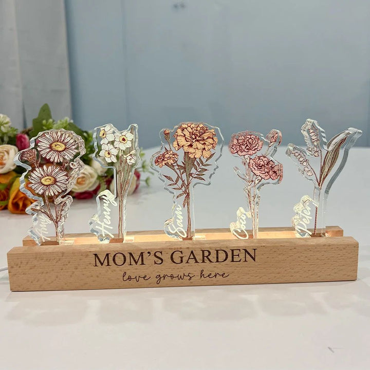 Gepersonaliseerd nachtlampje met geboortebloemen voor familie; uniek cadeau voor mama of Moederdag, kristalacryl led.