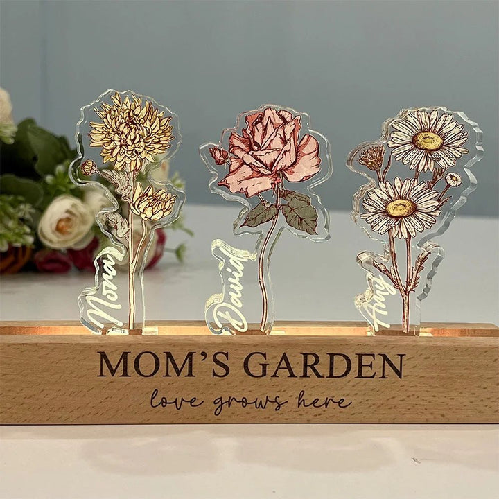 Origineel familie cadeau: gepersonaliseerd nachtlampje met geboortebloemen. Een unieke ledlamp met warme sfeerverlichting.