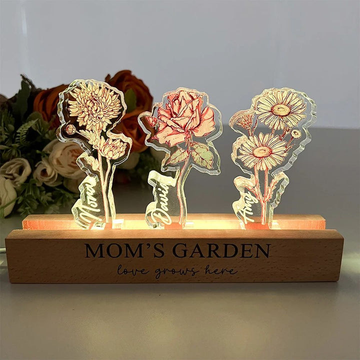 Warm sfeerlicht: gepersonaliseerd nachtlampje met unieke geboortebloemen, ideale ledlamp voor gezellige interieurdecoratie.