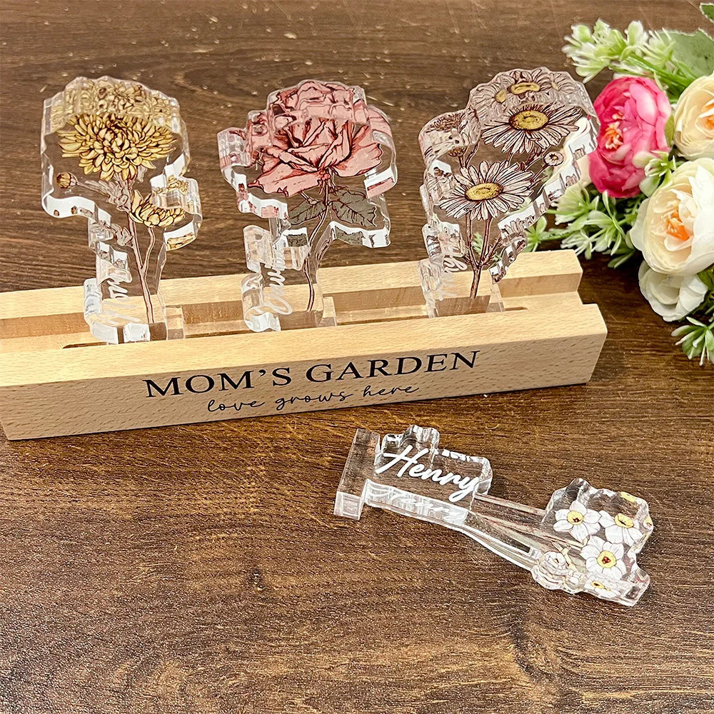 Kristalacryl led nachtlampje, gepersonaliseerd met geboortebloemen en familienamen, sfeervolle woondecoratie.