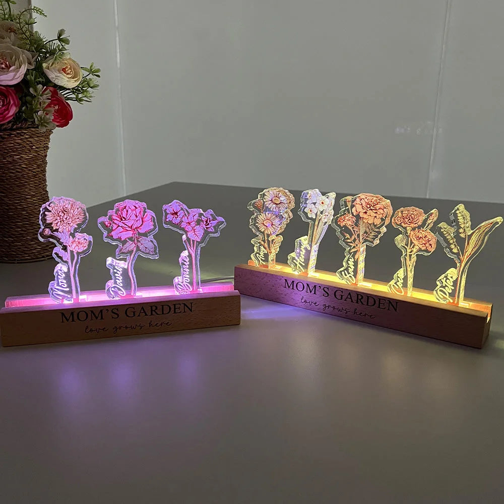 Elegant gepersonaliseerd nachtlampje met heldere geboortebloemen, een stijlvolle kristalacryl ledlamp voor thuis.