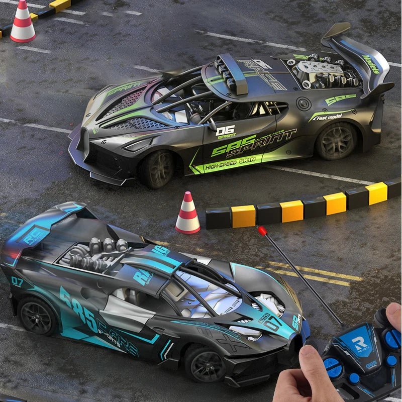 RC driftauto in actie, realistisch driftend met indrukwekkende snelheid. Een top speelgoed auto.