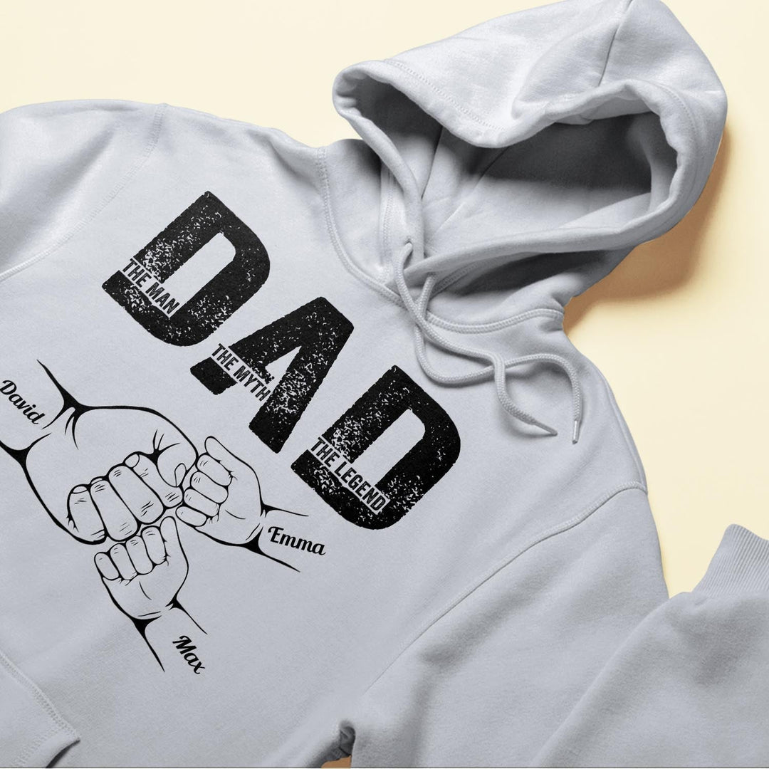 Grijze heren hoodie met 'Legende, Man, Mythe' opdruk, een uniek en comfortabel cadeau voor papa.