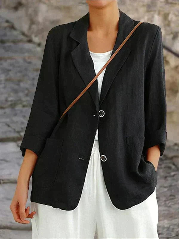 Comfortabele relaxed fit damesblazer met driekwart mouw, veelzijdig voor zomerse mode en elke gelegenheid.
