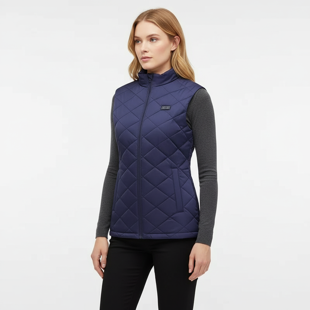 Stijlvol Amber dames thermovest met negen verwarmingszones, ideaal voor winter, buitensport en warmte.