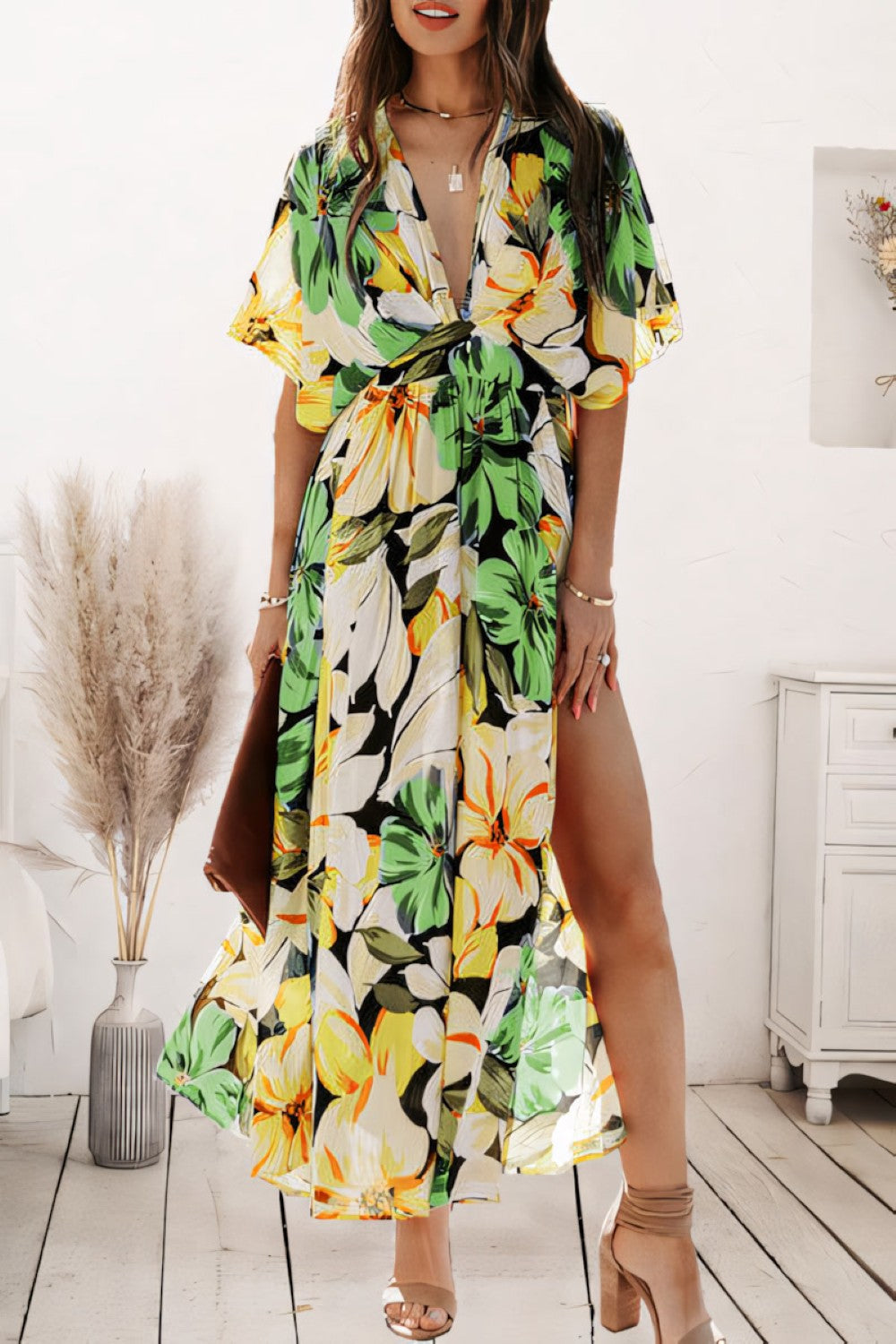 Modieuze strandjurk of vakantiejurk: dames bloemen maxi A-lijn zomerjurk.