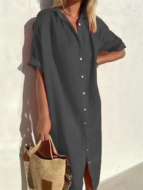 Veelzijdige dames blouse jurk, midi lengte, geschikt als strandjurk of elegante zomerkleding.