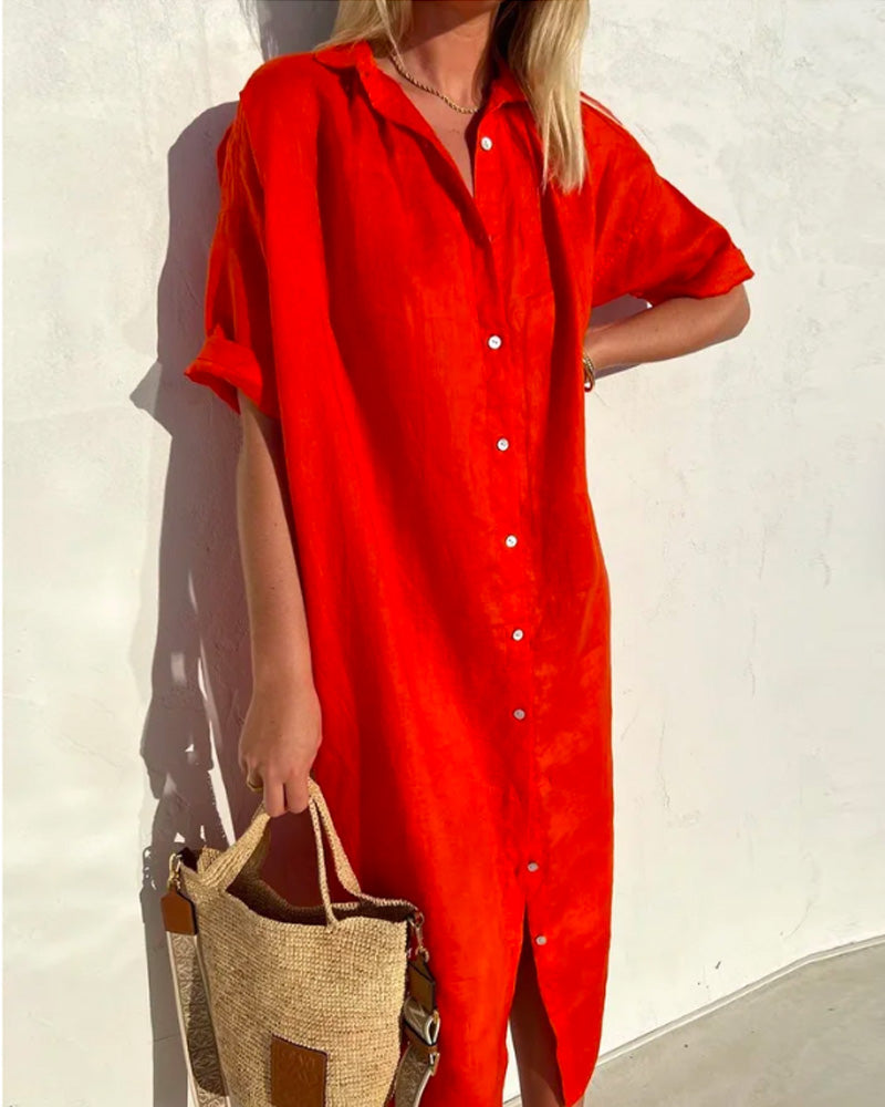 Elegante dames midi blouse jurk met knoopsluiting, perfect voor zomer en casual gelegenheden.