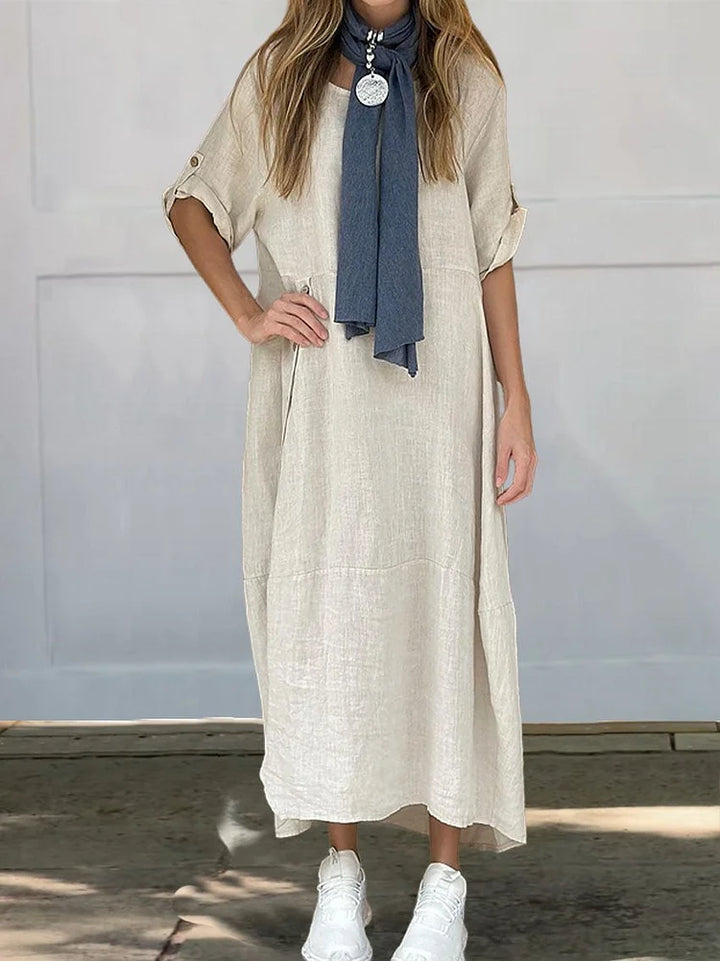 Casual elegante midi jurk voor dames. Een losvallende blousejurk, perfect voor comfort en stijl in de lente en zomer.