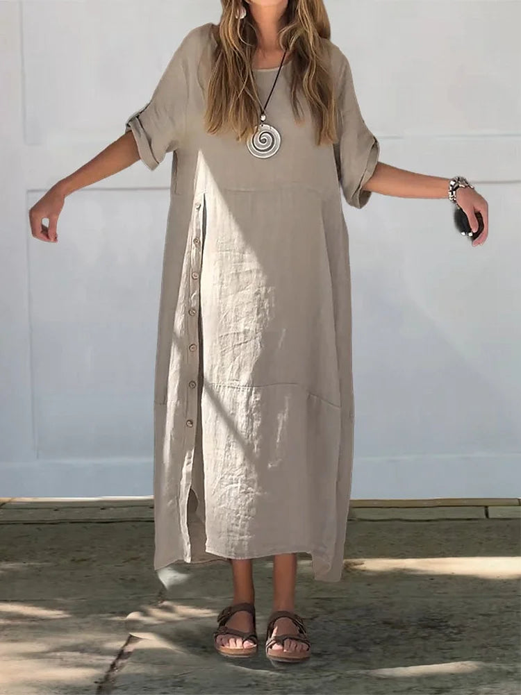 Elegante casual dames midi blousejurk. Comfortabele en veelzijdige lente/zomerjurk, perfect voor elke gelegenheid.