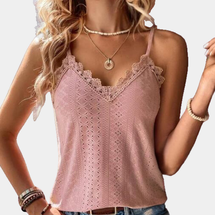 Chique dames V-hals zomertop, elegant en casual. Met mooie kanten details en comfortabele pasvorm.