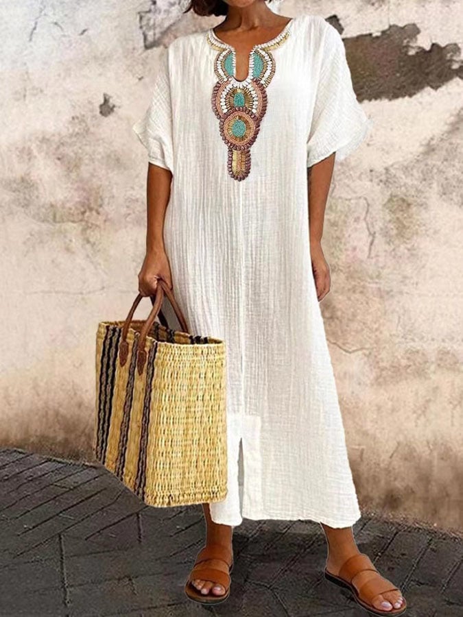 Dames geborduurde kaftan maxi zomerjurk; elegante losvallende jurk in bohemian stijl voor vakantie.