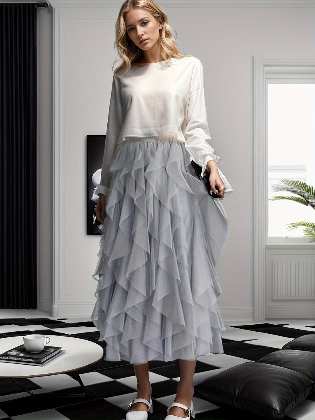 Gelaagde maxirok voor dames met comfortabele elastische taille, een elegante en veelzijdige damesrok.