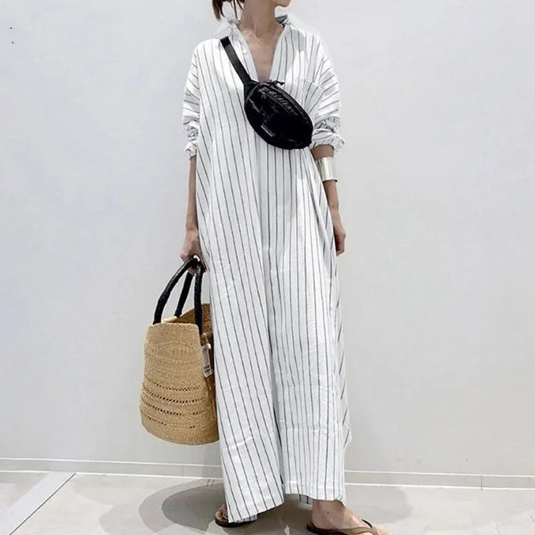 Elegante strandjurk of feestjurk: gestreepte maxi jurk Carmen voor dames, zomerse stijl.