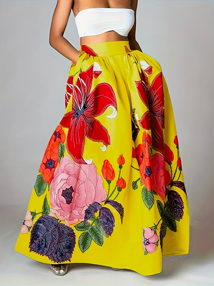 Stijlvolle A-lijn dames maxirok met chique bloemenprint in geel/zwart. Hoge taille, perfect voor casual of chic.