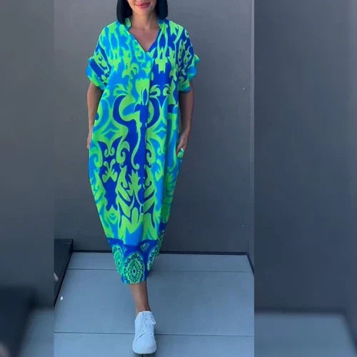 Dames vloeiende kaftan midi zomerjurk, comfortabel en elegant, perfect voor warme dagen of vakantie.