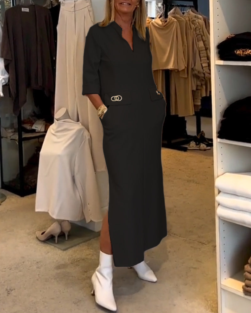 Veelzijdige midi jurk voor dames, geschikt als zakelijke of casual outfit, met V-hals, 3/4 mouwen en zakken.
