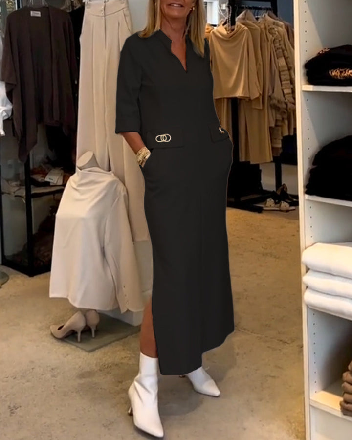 Veelzijdige midi jurk voor dames, geschikt als zakelijke of casual outfit, met V-hals, 3/4 mouwen en zakken.