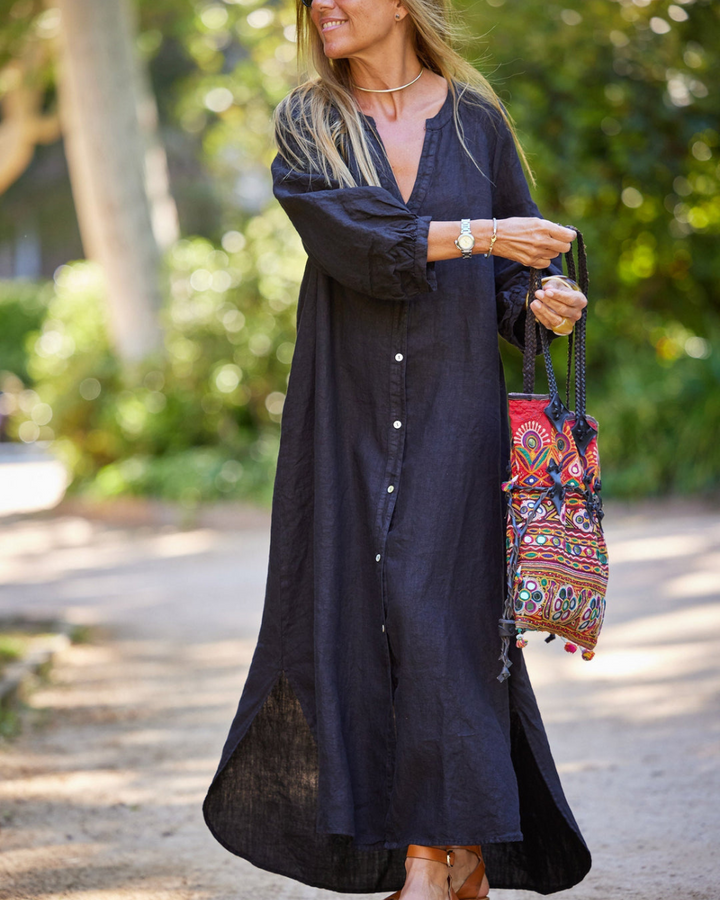 Relaxte pasvorm dames maxi jurk, comfortabel en stijlvol, lange mouwen voor zomerse dagen.