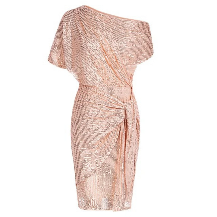 Chique dames cocktailjurk, midi lengte, met prachtige pailletten, perfect voor een avondje uit.