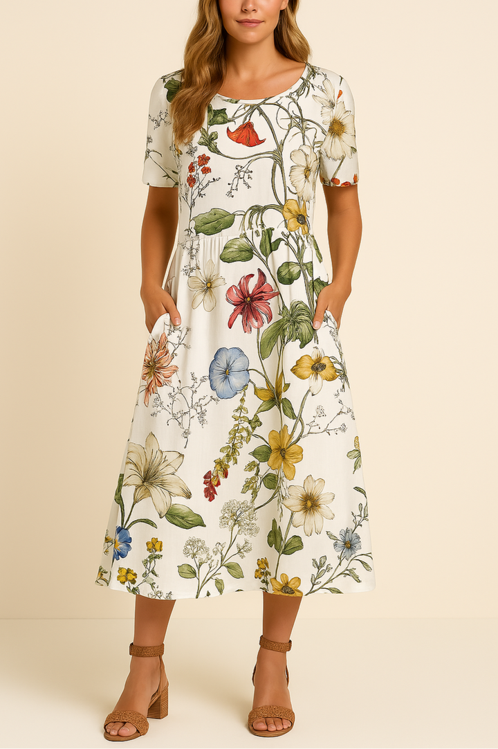 Casual dames midi-jurk met bloemenpatroon, perfect voor lente en zomer. Comfortabele, elegante zomerkleding.