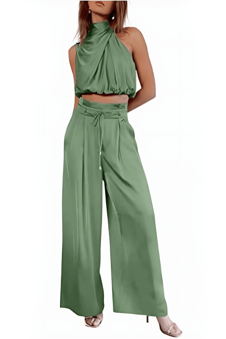 Kleurrijke mouwloze top en broek set voor dames, perfect voor een vrolijke zomeroutfit. Damesmode.