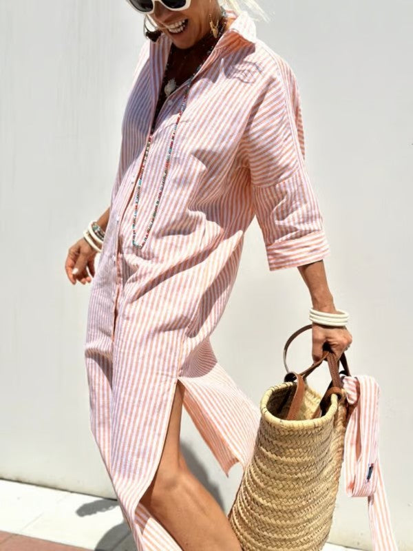 Modieuze midijurk voor dames: elegante polojurk met knoopsluiting en comfortabele 3/4 mouwen.
