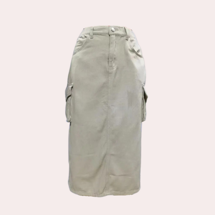 Trendy dames cargo rok met retro stijl, perfect voor een veelzijdige lente/zomer outfit. Comfortabel en chic.