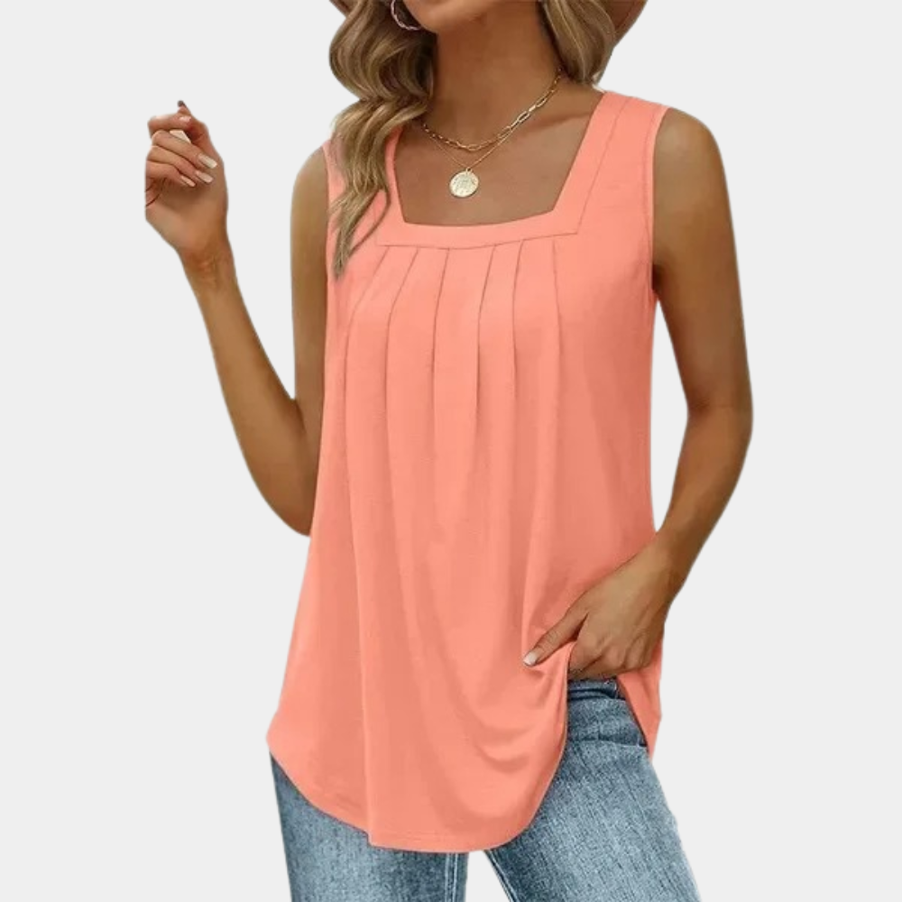 Stijlvolle dames top met unieke vierkante hals. Een elegante mouwloze blouse, geschikt voor diverse zomerse gelegenheden.