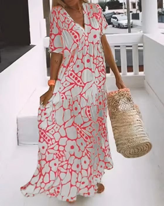 Stijlvolle comfortabele dames V-hals maxi jurk Rosalie, perfect voor elke gelegenheid van casual tot feestelijk.