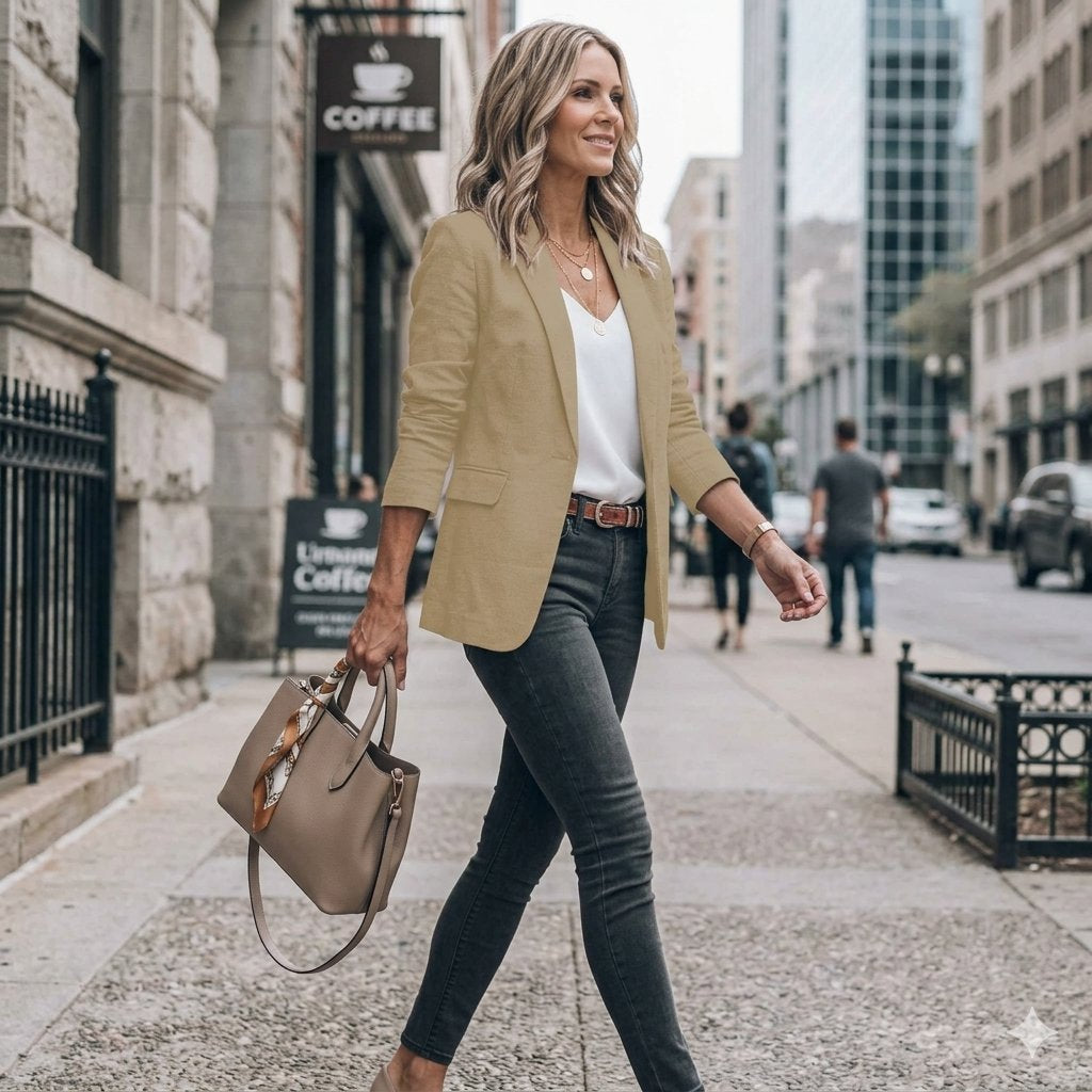 Vrouwen in complete outfit met elegante getailleerde damesblazer. Perfect voor formele of zakelijke mode.