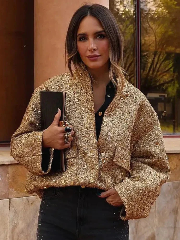 Dames oversized korte glitterjas met kraag, perfect voor feestelijke gelegenheden of een chique casual look.
