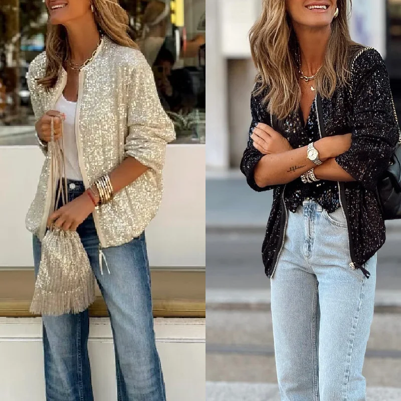 Elegant dames bomberjack met glimmende pailletten en stevige ritssluiting; casualchic en comfortabel.